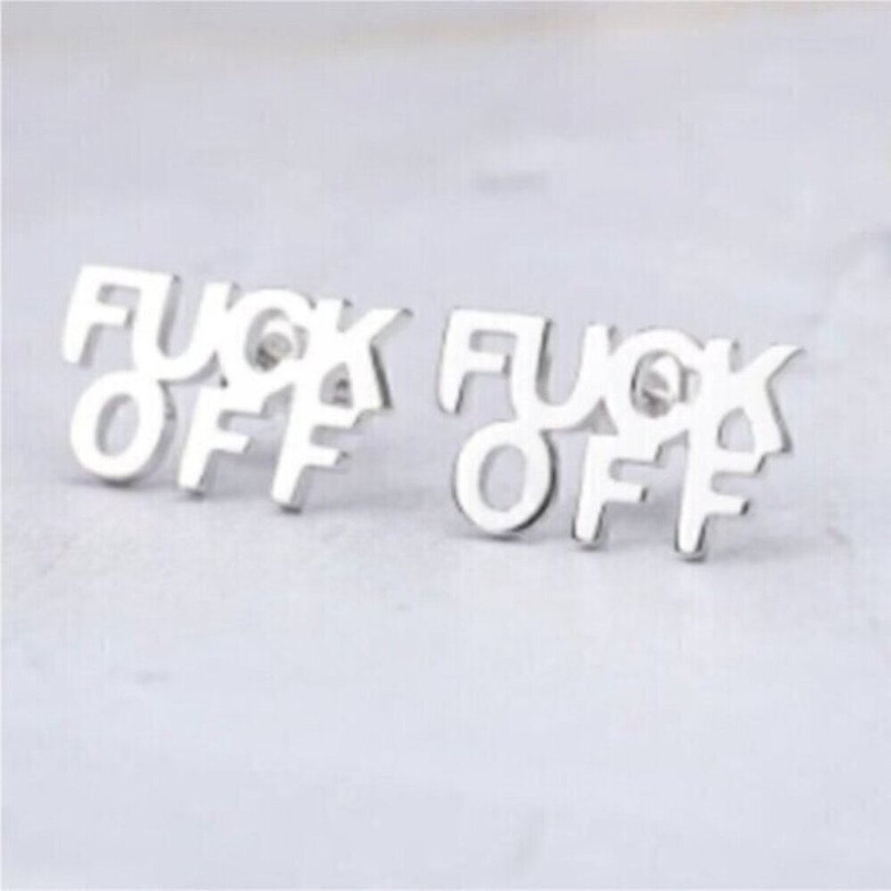Silver Stainless Steel Letter Stud F*uck off Earrings